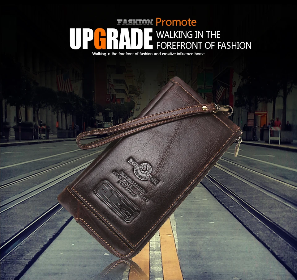CONTACT'S Genuine Leather Long Wallet for Men Bifold Zipper Men's Wallet Card Holder Coin Purse Money Clip Women's Purse Handbag