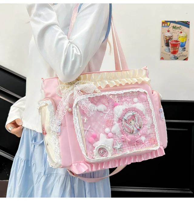 Kawaii Ita Bag for Anime Pins Transparent Window Tote Bag Sweet Lolita Lace Shoulder Bag Large Capacity Handbag for Girls