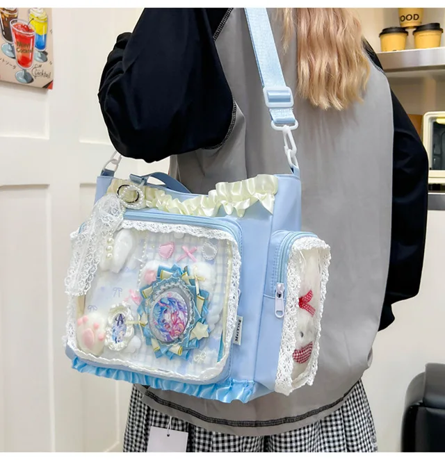 Kawaii Ita Bag for Anime Pins Transparent Window Tote Bag Sweet Lolita Lace Shoulder Bag Large Capacity Handbag for Girls