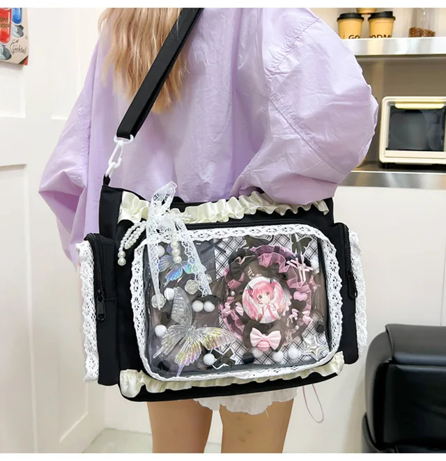 Kawaii Ita Bag for Anime Pins Transparent Window Tote Bag Sweet Lolita Lace Shoulder Bag Large Capacity Handbag for Girls