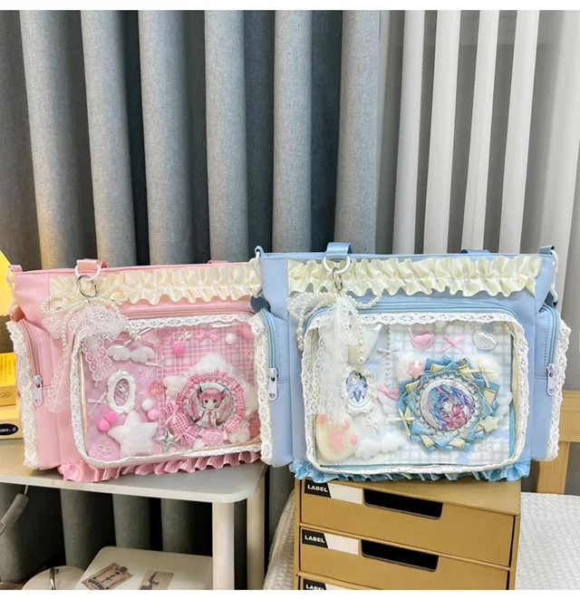 Kawaii Ita Bag for Anime Pins Transparent Window Tote Bag Sweet Lolita Lace Shoulder Bag Large Capacity Handbag for Girls