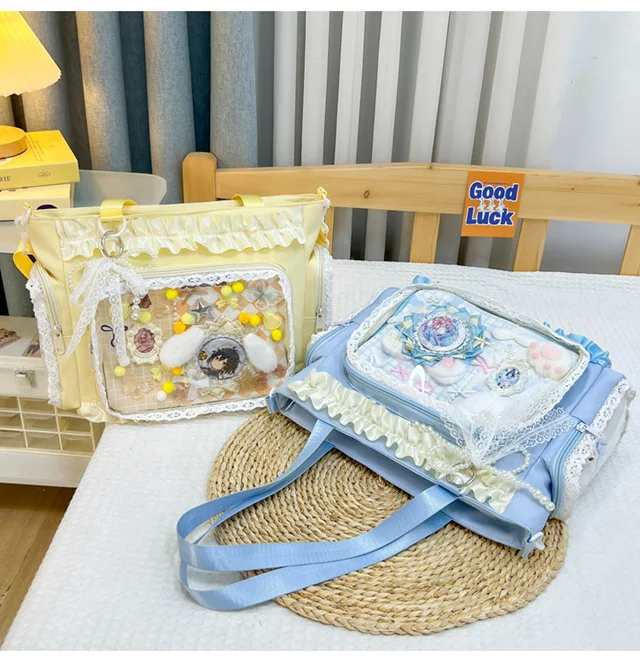 Kawaii Ita Bag for Anime Pins Transparent Window Tote Bag Sweet Lolita Lace Shoulder Bag Large Capacity Handbag for Girls