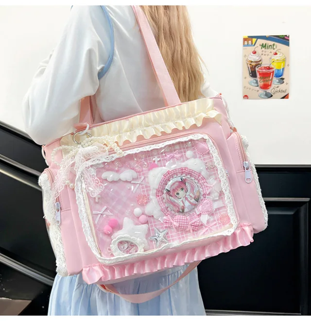 Kawaii Ita Bag for Anime Pins Transparent Window Tote Bag Sweet Lolita Lace Shoulder Bag Large Capacity Handbag for Girls