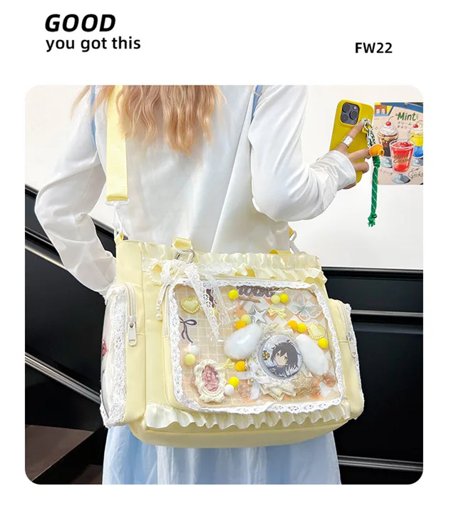 Kawaii Ita Bag for Anime Pins Transparent Window Tote Bag Sweet Lolita Lace Shoulder Bag Large Capacity Handbag for Girls