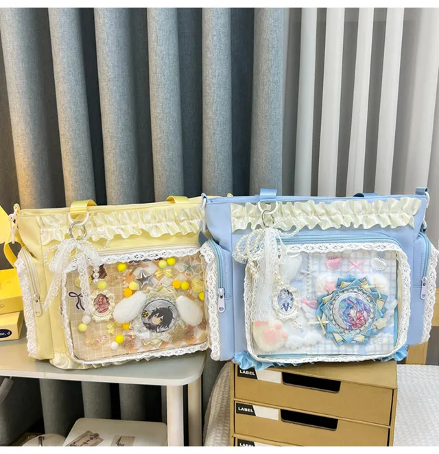 Kawaii Ita Bag for Anime Pins Transparent Window Tote Bag Sweet Lolita Lace Shoulder Bag Large Capacity Handbag for Girls
