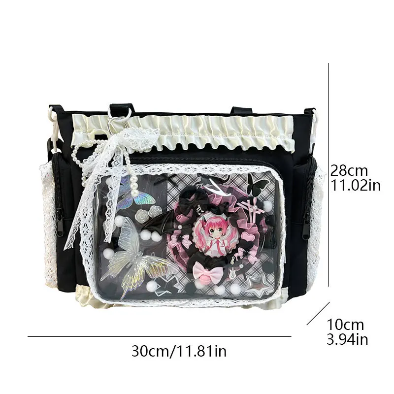 Kawaii Ita Bag for Anime Pins Transparent Window Tote Bag Sweet Lolita Lace Shoulder Bag Large Capacity Handbag for Girls