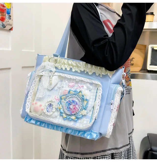 Kawaii Ita Bag for Anime Pins Transparent Window Tote Bag Sweet Lolita Lace Shoulder Bag Large Capacity Handbag for Girls