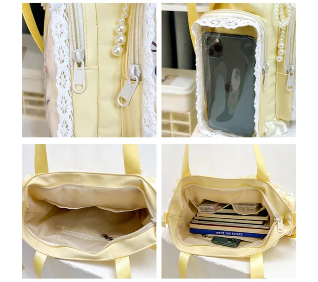 Kawaii Ita Bag for Anime Pins Transparent Window Tote Bag Sweet Lolita Lace Shoulder Bag Large Capacity Handbag for Girls