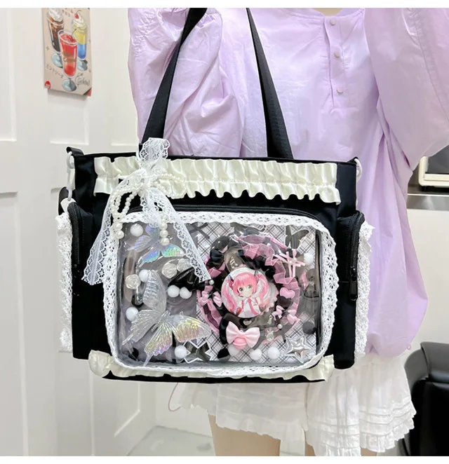 Kawaii Ita Bag for Anime Pins Transparent Window Tote Bag Sweet Lolita Lace Shoulder Bag Large Capacity Handbag for Girls