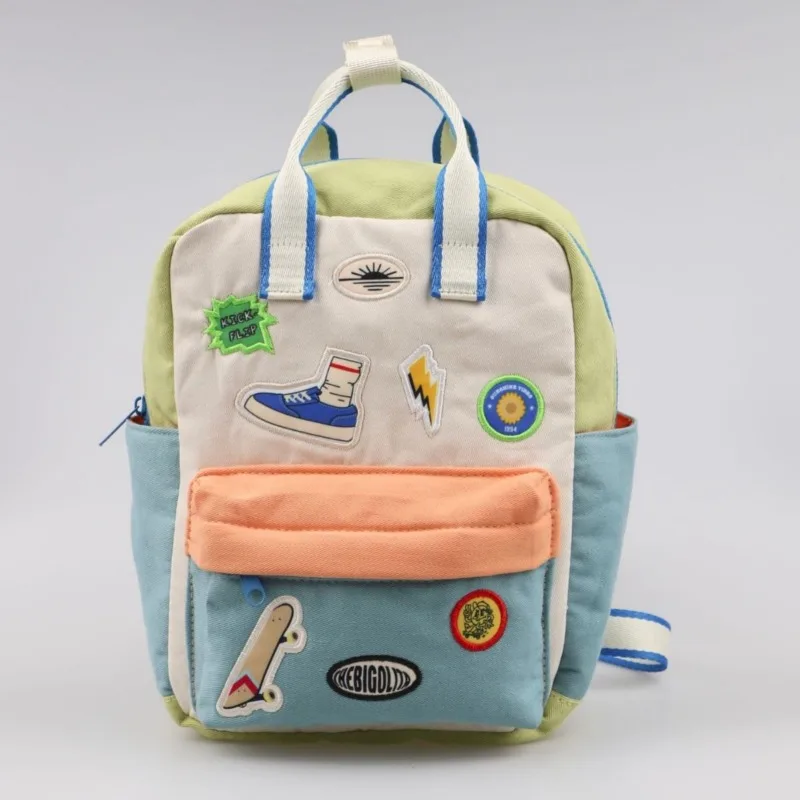 2026 New Cute Kids Backpack Lightweight Canvas Toddler School Bag with Top Handle and Front Pocket for Preschool Boys and Girls