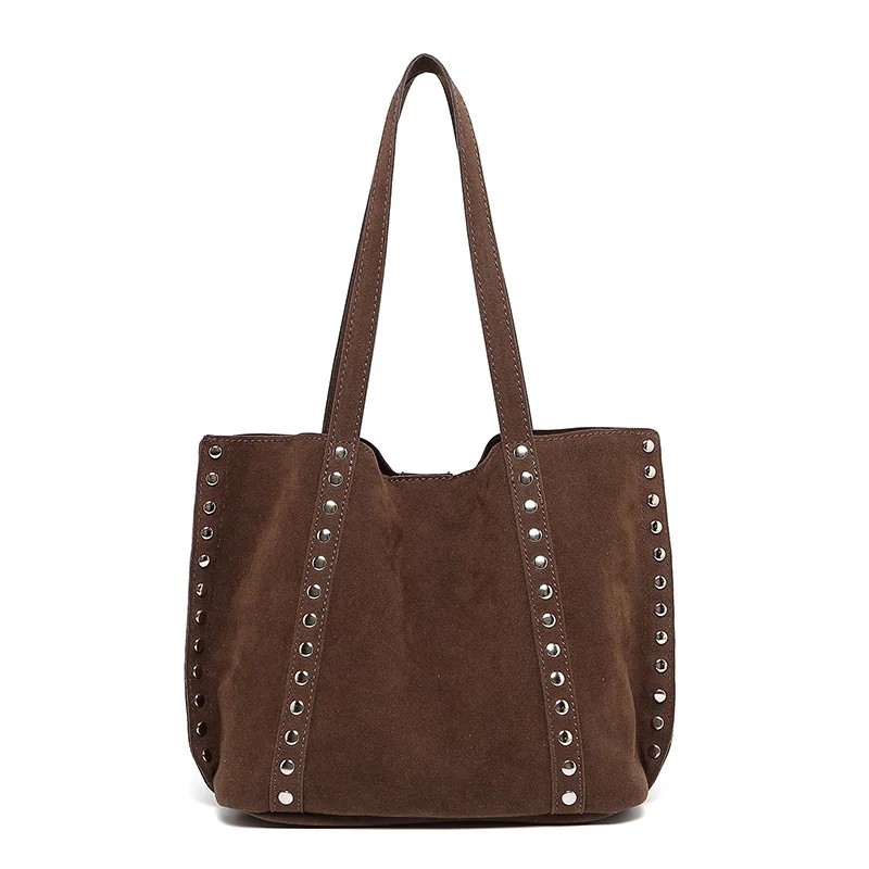 Suede Polka Dot Metal Studded Shoulder Bag with Matching Purse,Women Rivet Underarm Tote Bag,Large Solid Vintage Women Handbag