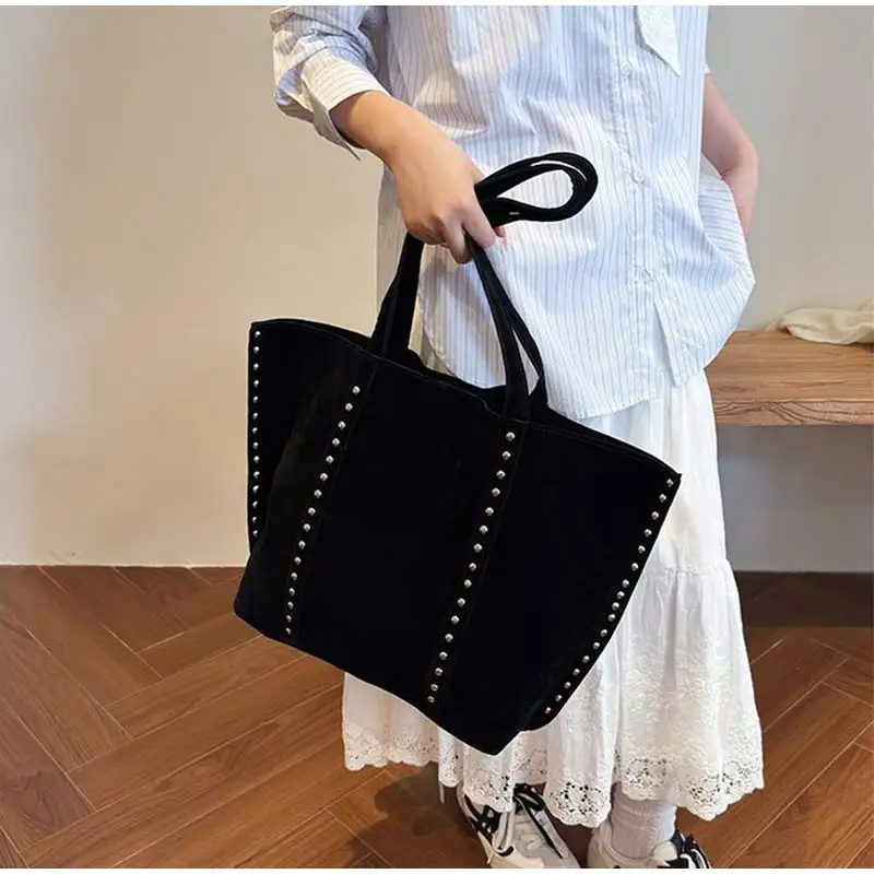 Suede Polka Dot Metal Studded Shoulder Bag with Matching Purse,Women Rivet Underarm Tote Bag,Large Solid Vintage Women Handbag