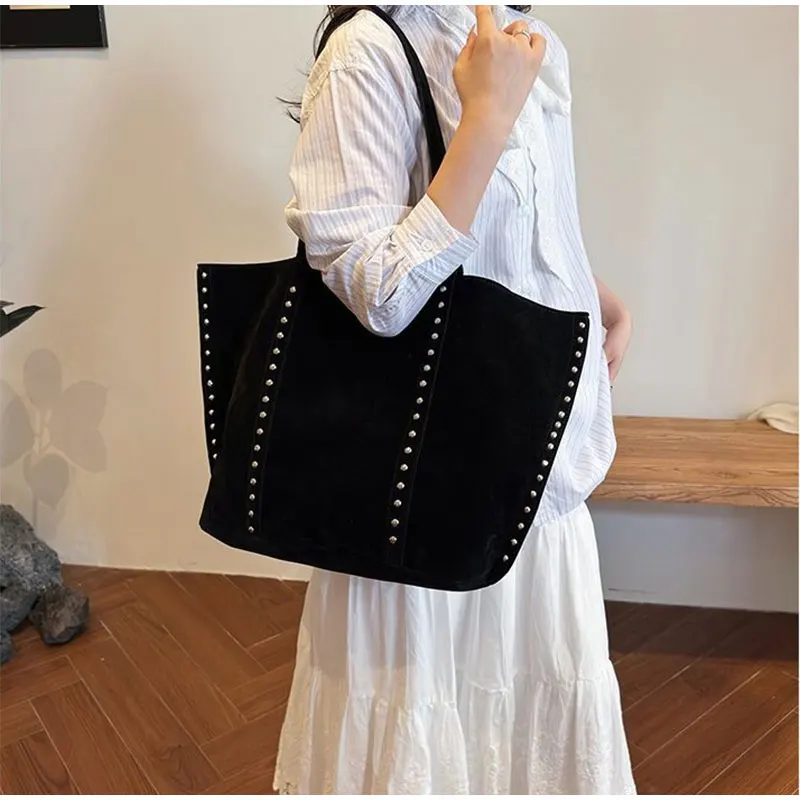 Suede Polka Dot Metal Studded Shoulder Bag with Matching Purse,Women Rivet Underarm Tote Bag,Large Solid Vintage Women Handbag