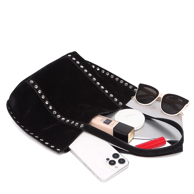 Suede Polka Dot Metal Studded Shoulder Bag with Matching Purse,Women Rivet Underarm Tote Bag,Large Solid Vintage Women Handbag
