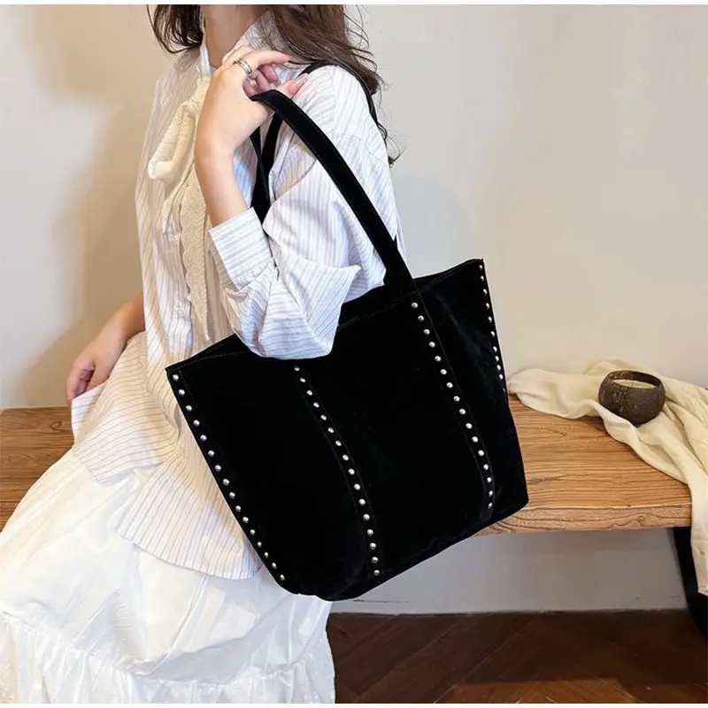 Suede Polka Dot Metal Studded Shoulder Bag with Matching Purse,Women Rivet Underarm Tote Bag,Large Solid Vintage Women Handbag