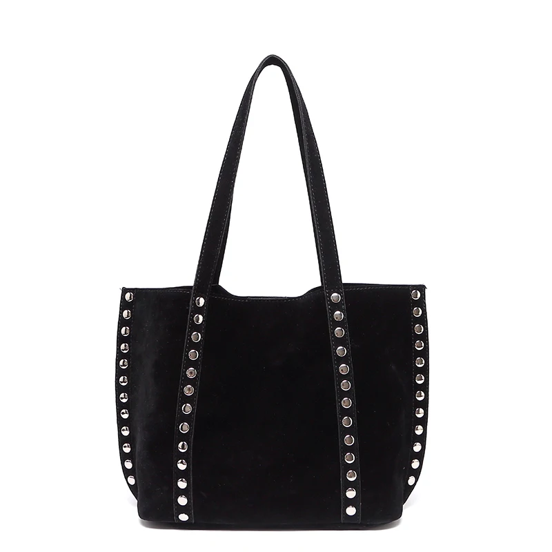 Suede Polka Dot Metal Studded Shoulder Bag with Matching Purse,Women Rivet Underarm Tote Bag,Large Solid Vintage Women Handbag