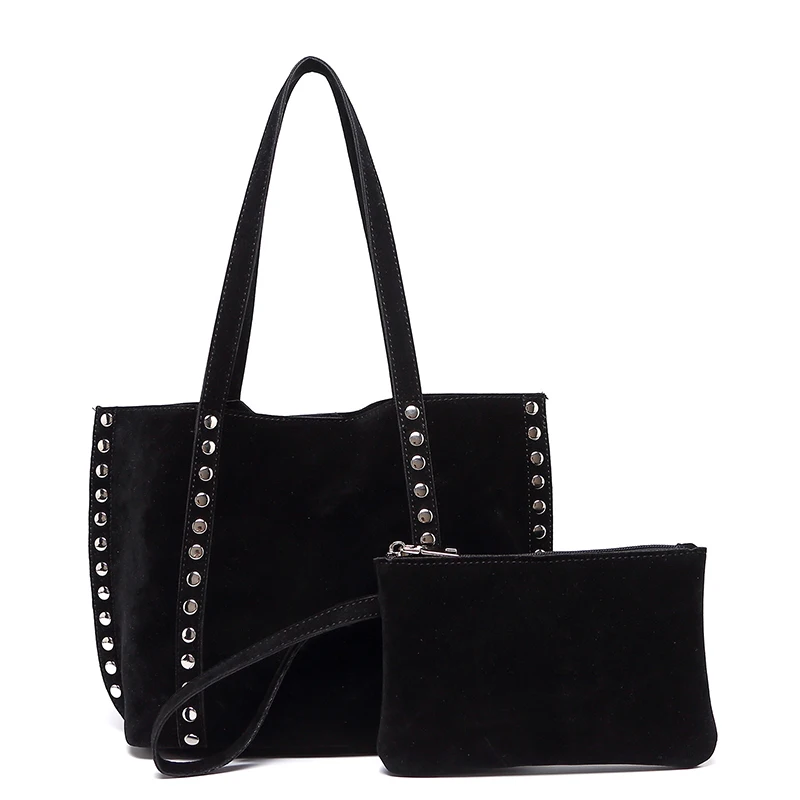 Suede Polka Dot Metal Studded Shoulder Bag with Matching Purse,Women Rivet Underarm Tote Bag,Large Solid Vintage Women Handbag