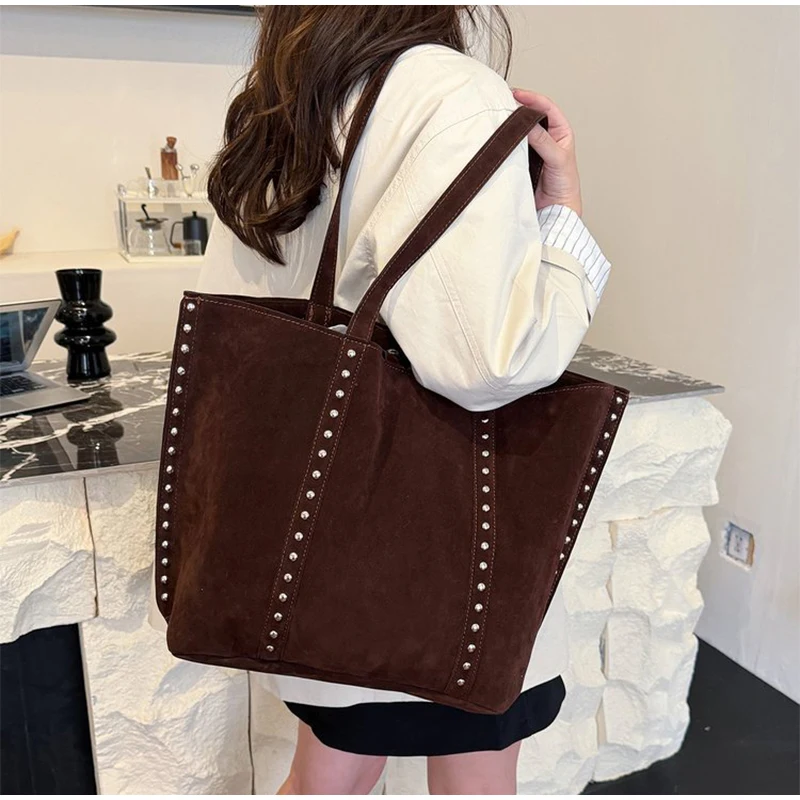 Suede Polka Dot Metal Studded Shoulder Bag with Matching Purse,Women Rivet Underarm Tote Bag,Large Solid Vintage Women Handbag