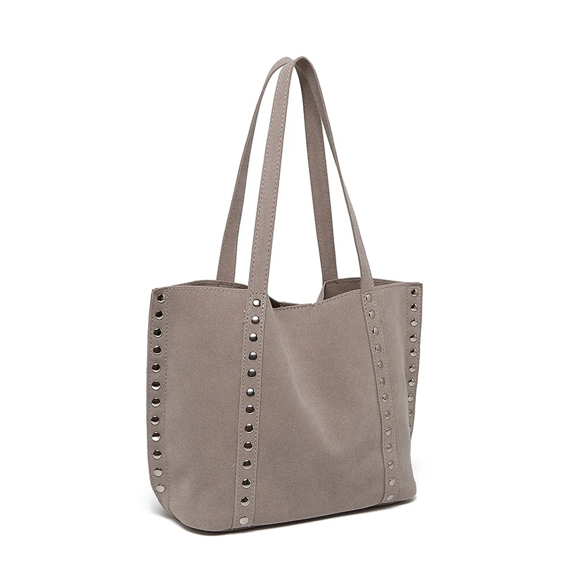 Suede Polka Dot Metal Studded Shoulder Bag with Matching Purse,Women Rivet Underarm Tote Bag,Large Solid Vintage Women Handbag