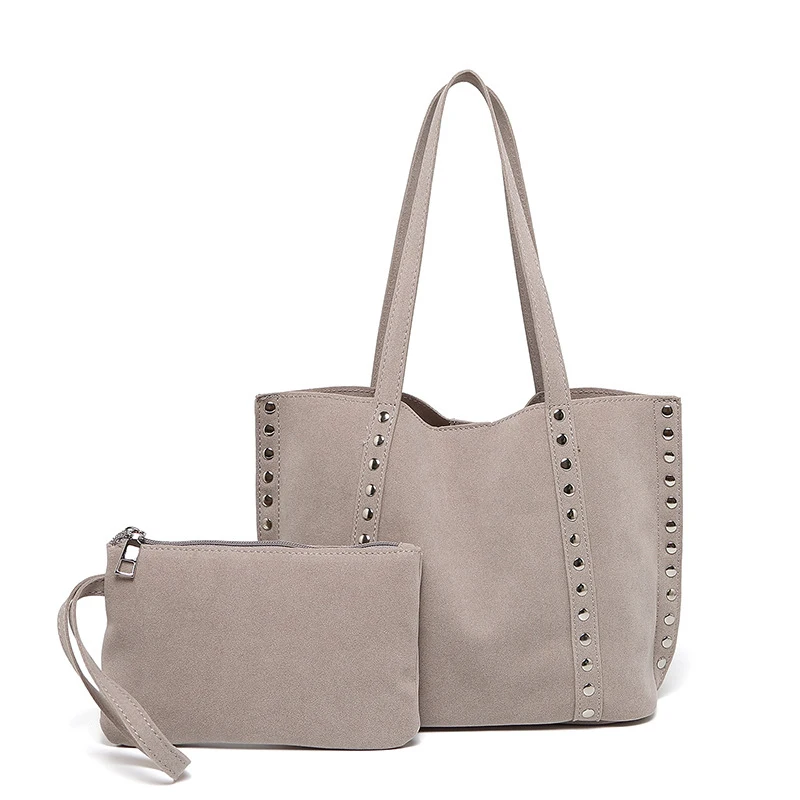 Suede Polka Dot Metal Studded Shoulder Bag with Matching Purse,Women Rivet Underarm Tote Bag,Large Solid Vintage Women Handbag