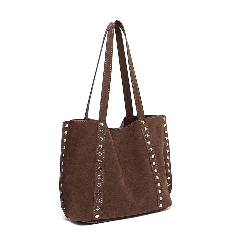 Suede Polka Dot Metal Studded Shoulder Bag with Matching Purse,Women Rivet Underarm Tote Bag,Large Solid Vintage Women Handbag