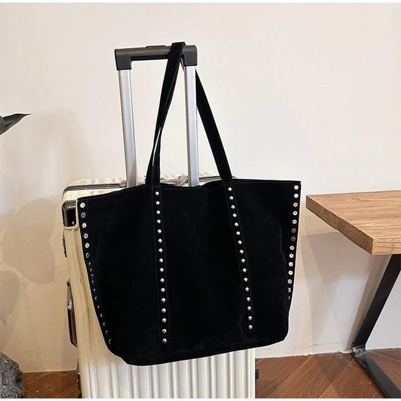 Suede Polka Dot Metal Studded Shoulder Bag with Matching Purse,Women Rivet Underarm Tote Bag,Large Solid Vintage Women Handbag
