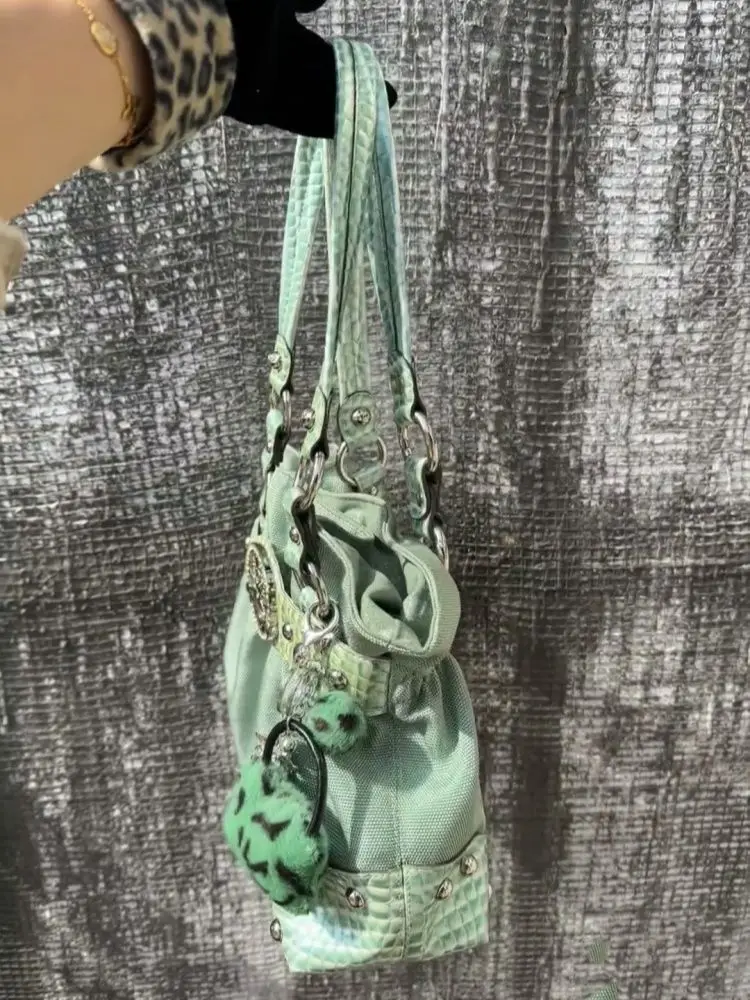 Sweet Cool Green Underarm Bag Y2k Hot Girls Pu Leather Large Capacity Shoulder Tote Bag Women Fairycore Aesthetic Handbag Chic