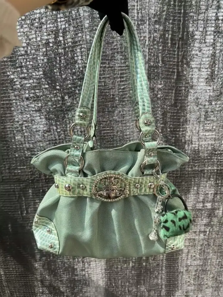 Sweet Cool Green Underarm Bag Y2k Hot Girls Pu Leather Large Capacity Shoulder Tote Bag Women Fairycore Aesthetic Handbag Chic