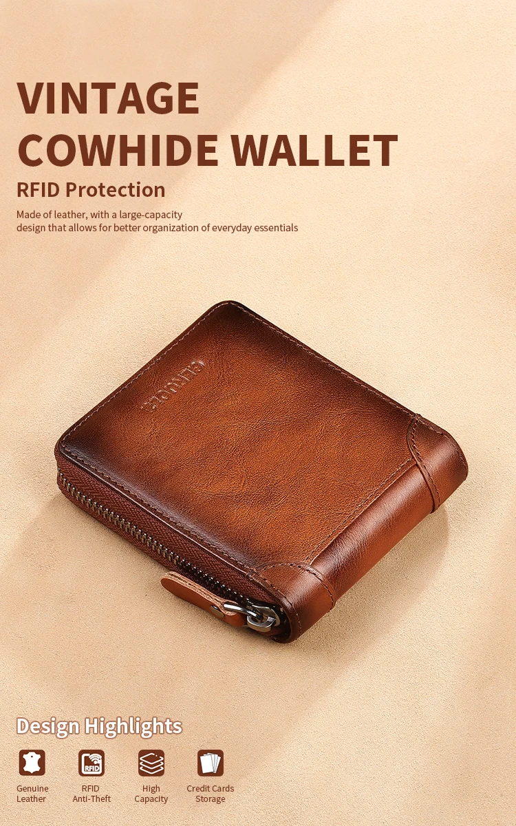 Wallet for Men Genuine Leather Zipper Wallet, Change Card Bag, All-in-One Wallet, Trendy Short Clip for Men