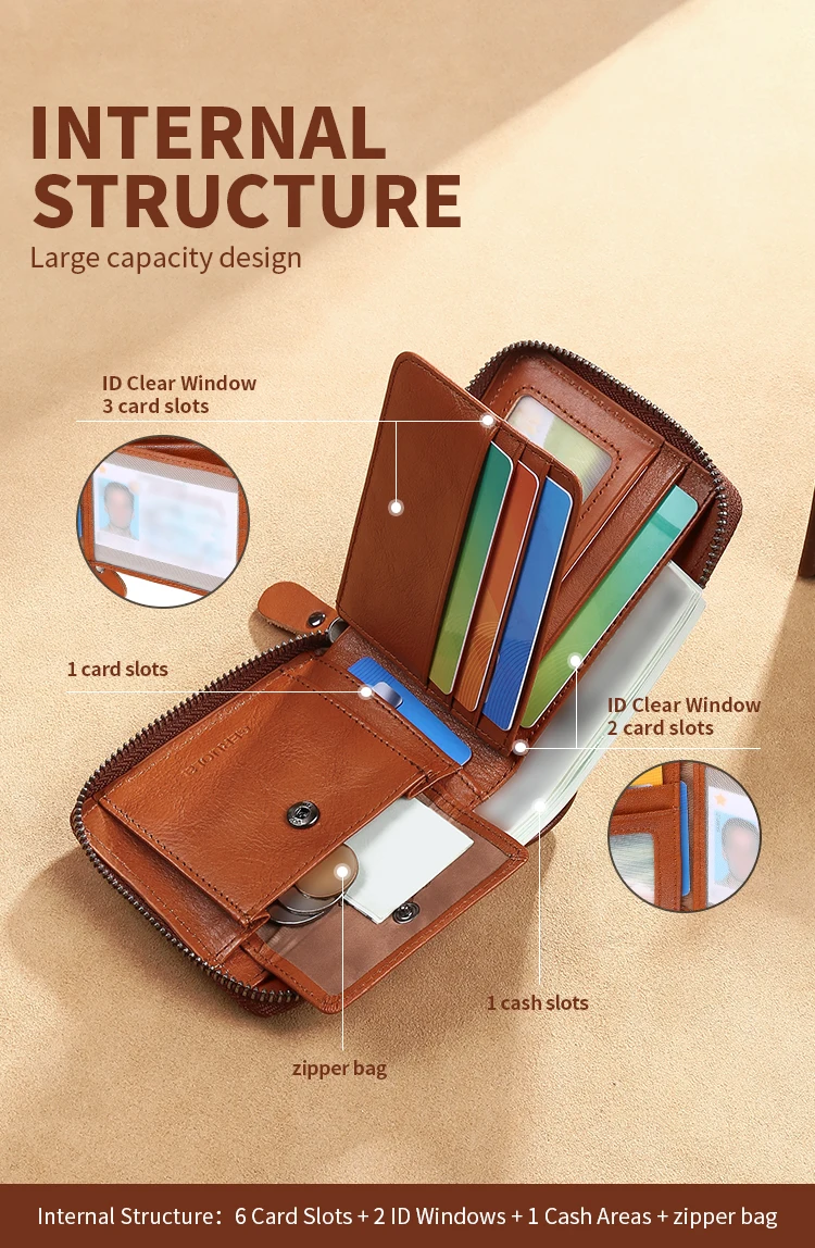 Wallet for Men Genuine Leather Zipper Wallet, Change Card Bag, All-in-One Wallet, Trendy Short Clip for Men