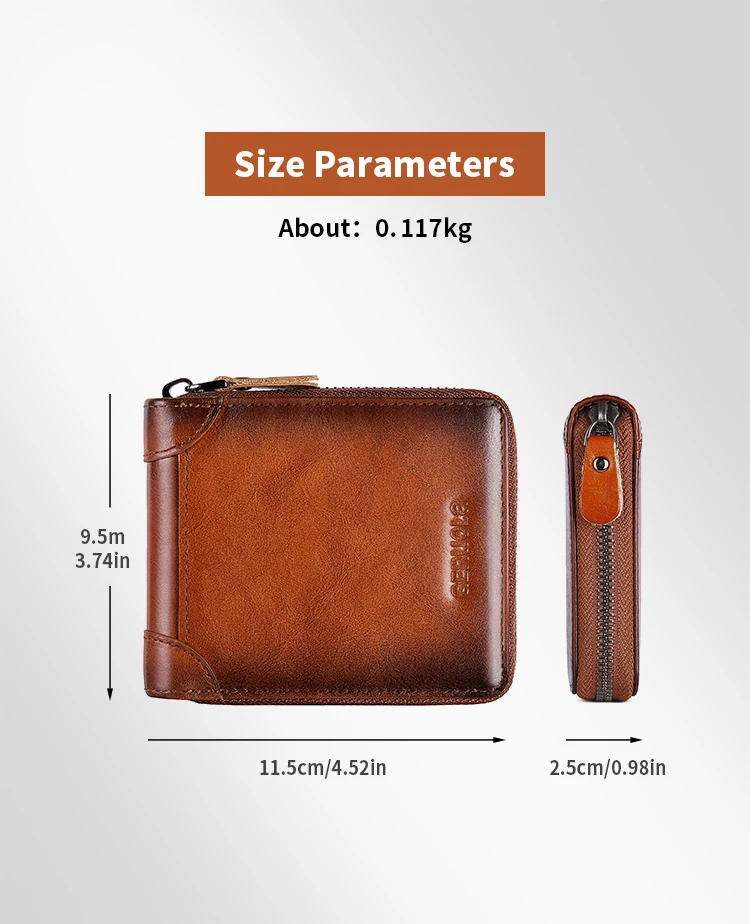 Wallet for Men Genuine Leather Zipper Wallet, Change Card Bag, All-in-One Wallet, Trendy Short Clip for Men