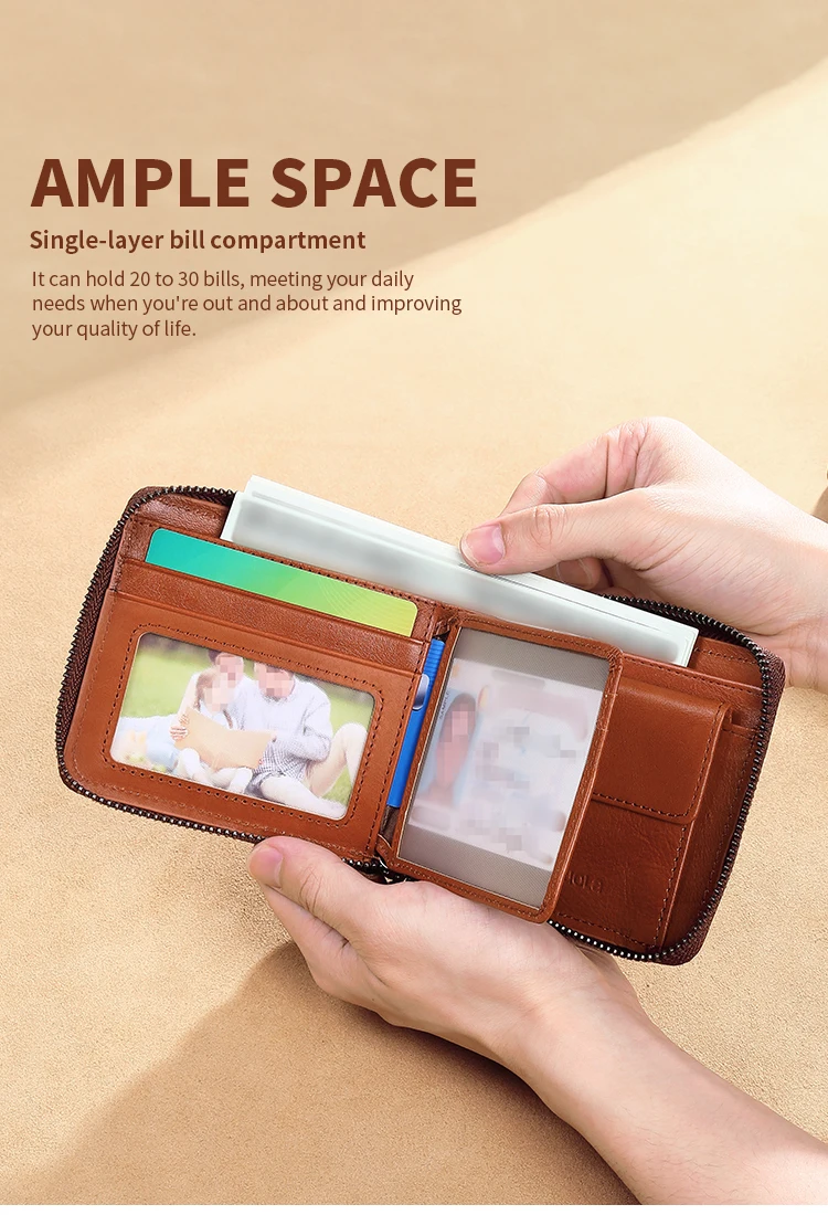 Wallet for Men Genuine Leather Zipper Wallet, Change Card Bag, All-in-One Wallet, Trendy Short Clip for Men