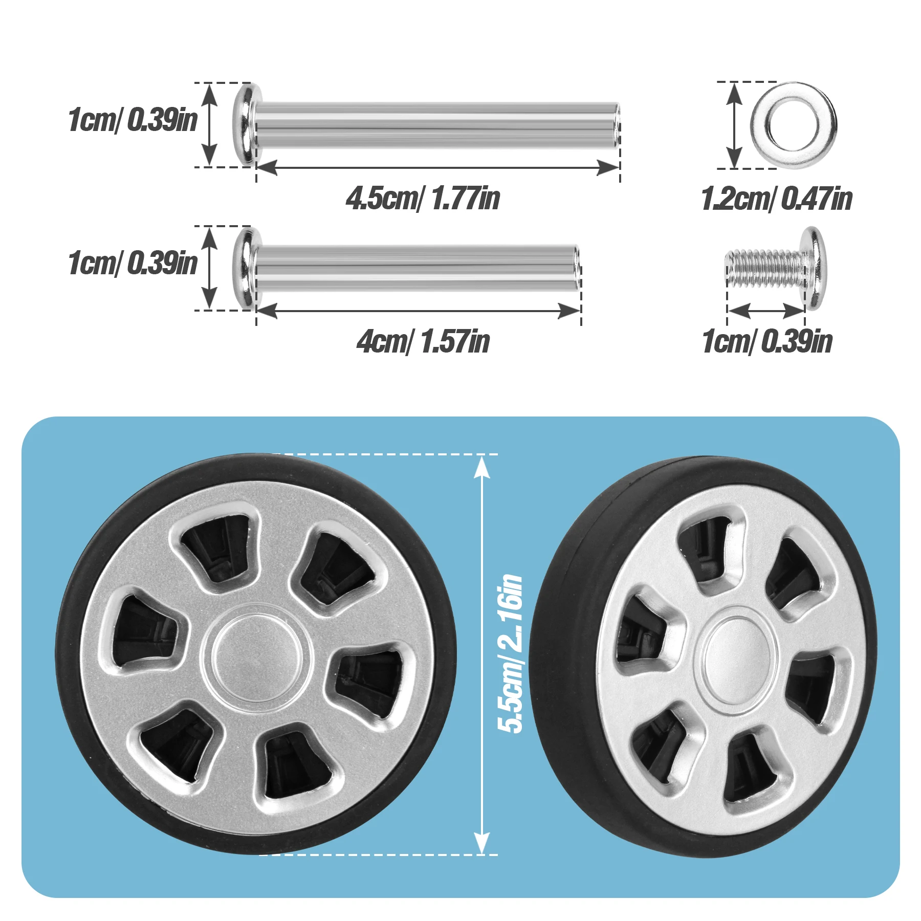 4/8Pcs Silver Replace Wheel with Screw For Travel Luggage Suitcase Wheels 55mm Axles Repair Kit Luggage Wheel Replacement DIY