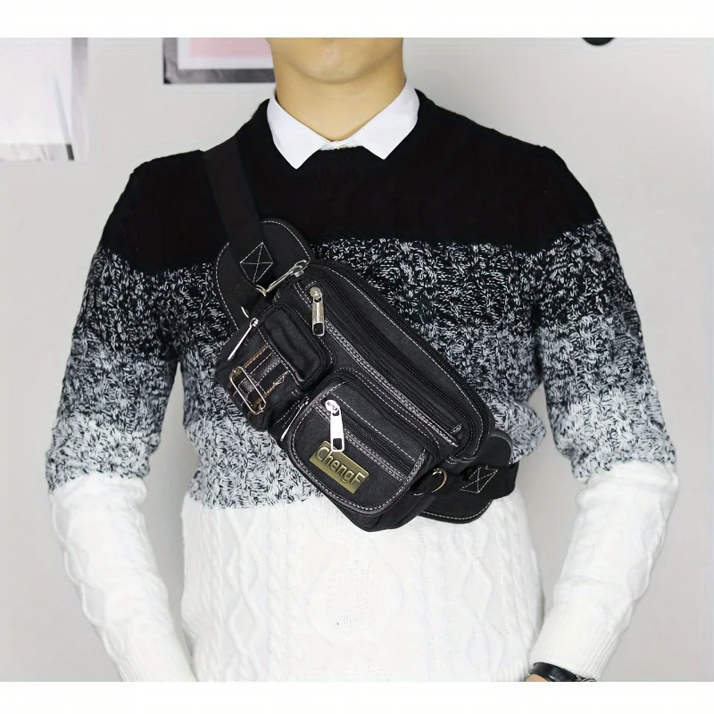 Fashionable Multi Layer Zipper Waist Bag Fanny Pack, Canvas Retro Basic Chest Crossbody Bag Men's Sports Running Phone Pocket