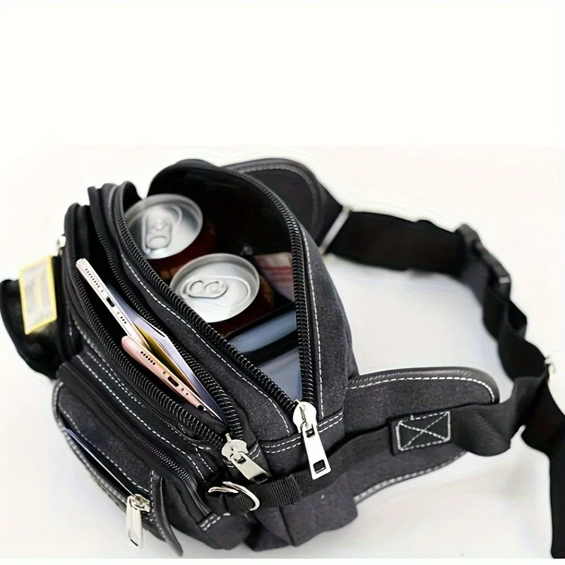 Fashionable Multi Layer Zipper Waist Bag Fanny Pack, Canvas Retro Basic Chest Crossbody Bag Men's Sports Running Phone Pocket