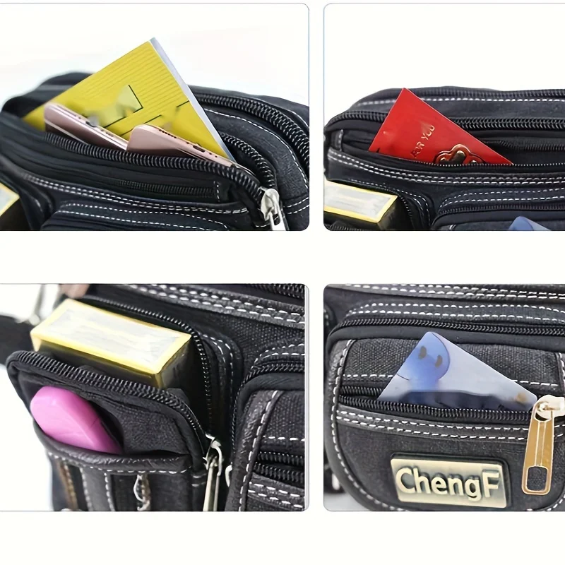 Fashionable Multi Layer Zipper Waist Bag Fanny Pack, Canvas Retro Basic Chest Crossbody Bag Men's Sports Running Phone Pocket