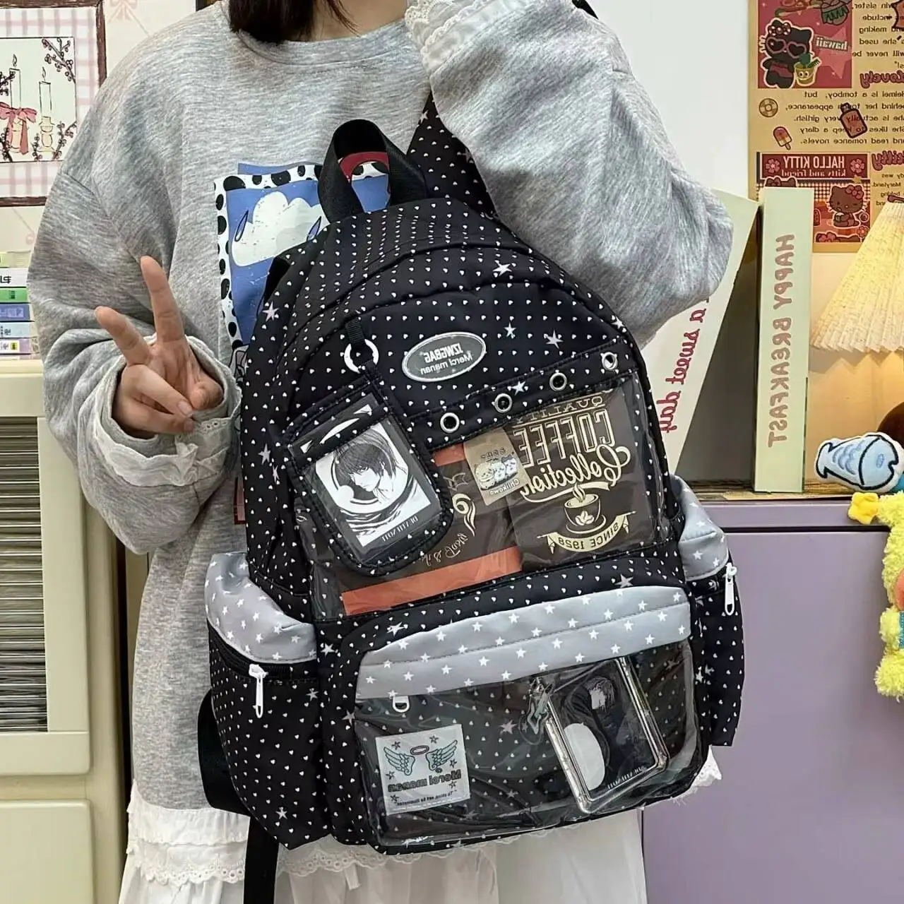 New Y2K Cute Star Polka Dot Ita Backpack Large Capacity Student Schoolbag DIY Display Outdoor Knapsack Casual Travel Rucksacks