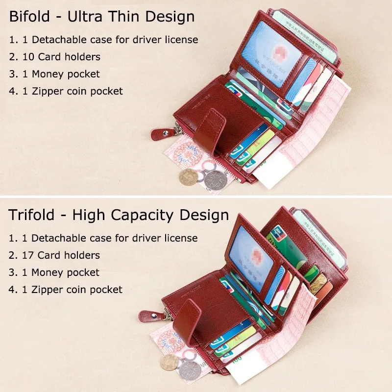 Genuine Leather Wallets for Women Red Money Purses Zipper Rfid Short Female Small Card Holder Coin Purse Trifold Bifold Wallet
