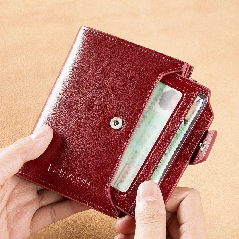 Genuine Leather Wallets for Women Red Money Purses Zipper Rfid Short Female Small Card Holder Coin Purse Trifold Bifold Wallet