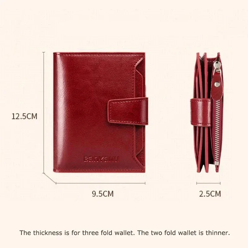 Genuine Leather Wallets for Women Red Money Purses Zipper Rfid Short Female Small Card Holder Coin Purse Trifold Bifold Wallet
