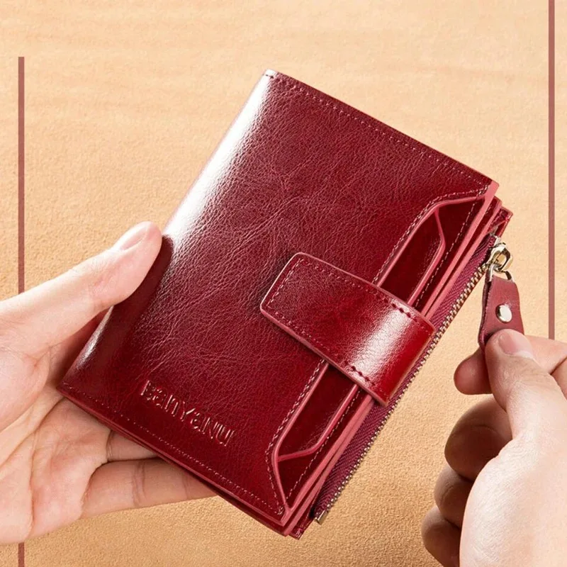 Genuine Leather Wallets for Women Red Money Purses Zipper Rfid Short Female Small Card Holder Coin Purse Trifold Bifold Wallet