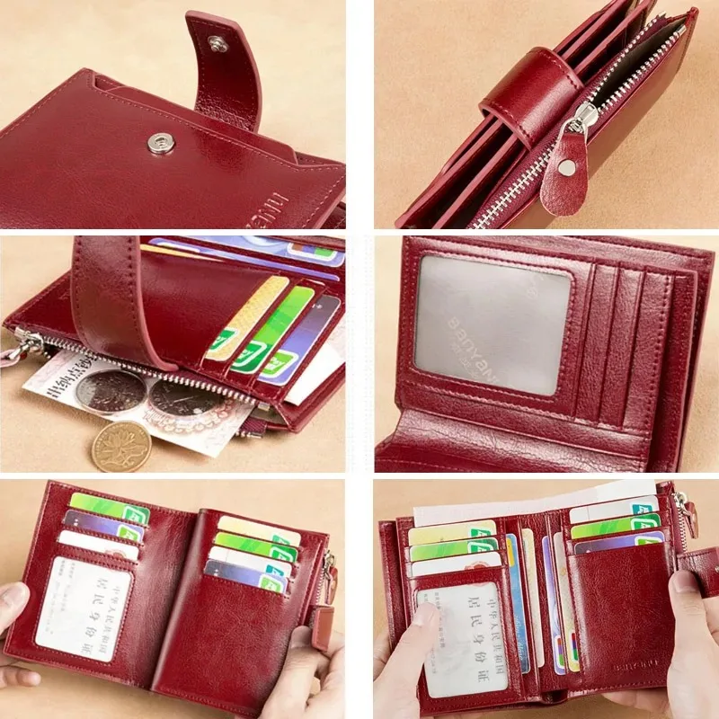 Genuine Leather Wallets for Women Red Money Purses Zipper Rfid Short Female Small Card Holder Coin Purse Trifold Bifold Wallet