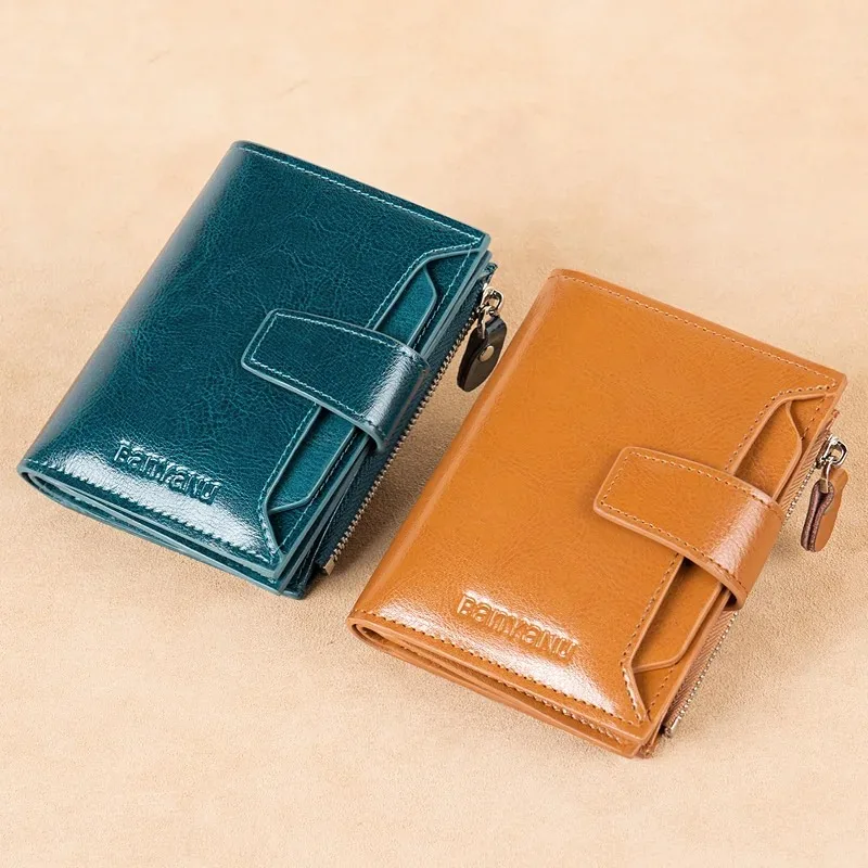 Genuine Leather Wallets for Women Red Money Purses Zipper Rfid Short Female Small Card Holder Coin Purse Trifold Bifold Wallet