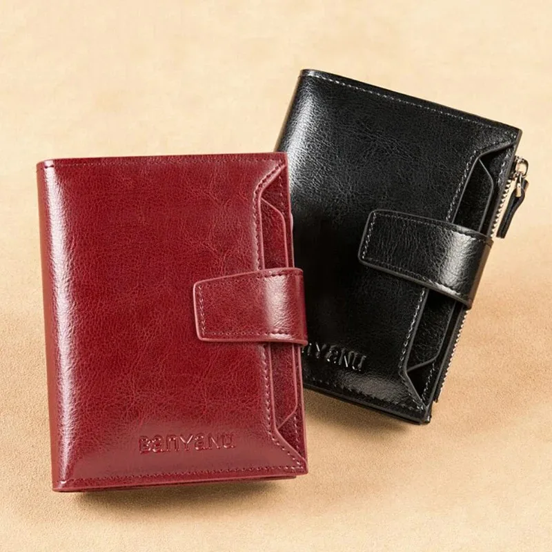 Genuine Leather Wallets for Women Red Money Purses Zipper Rfid Short Female Small Card Holder Coin Purse Trifold Bifold Wallet