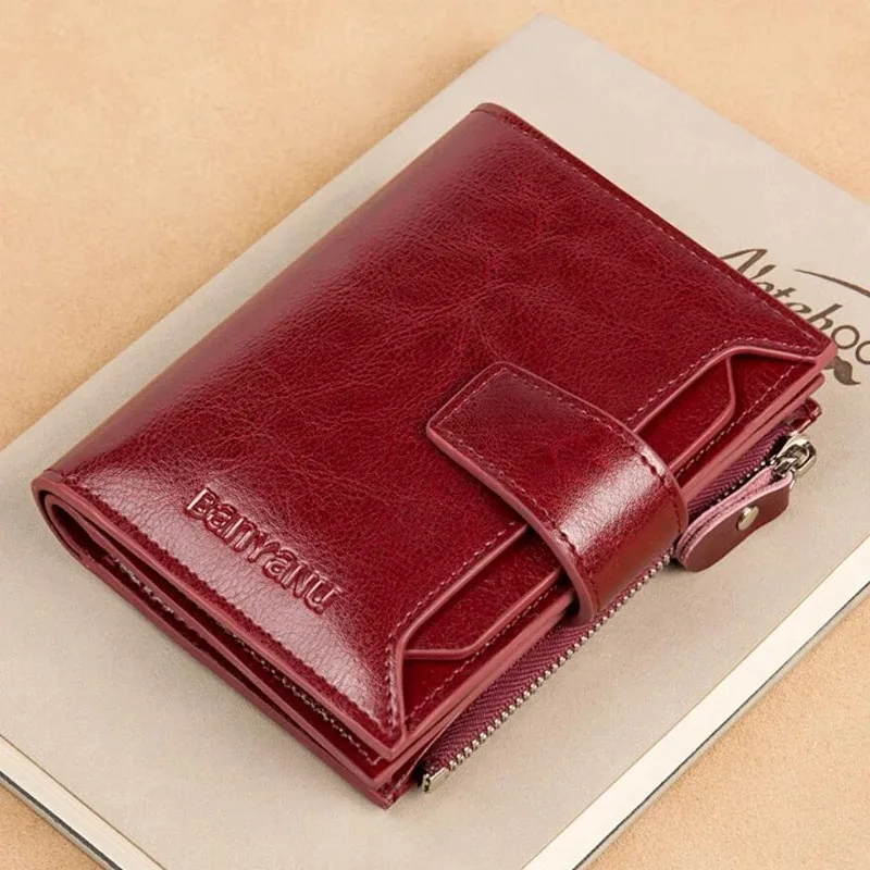 Genuine Leather Wallets for Women Red Money Purses Zipper Rfid Short Female Small Card Holder Coin Purse Trifold Bifold Wallet