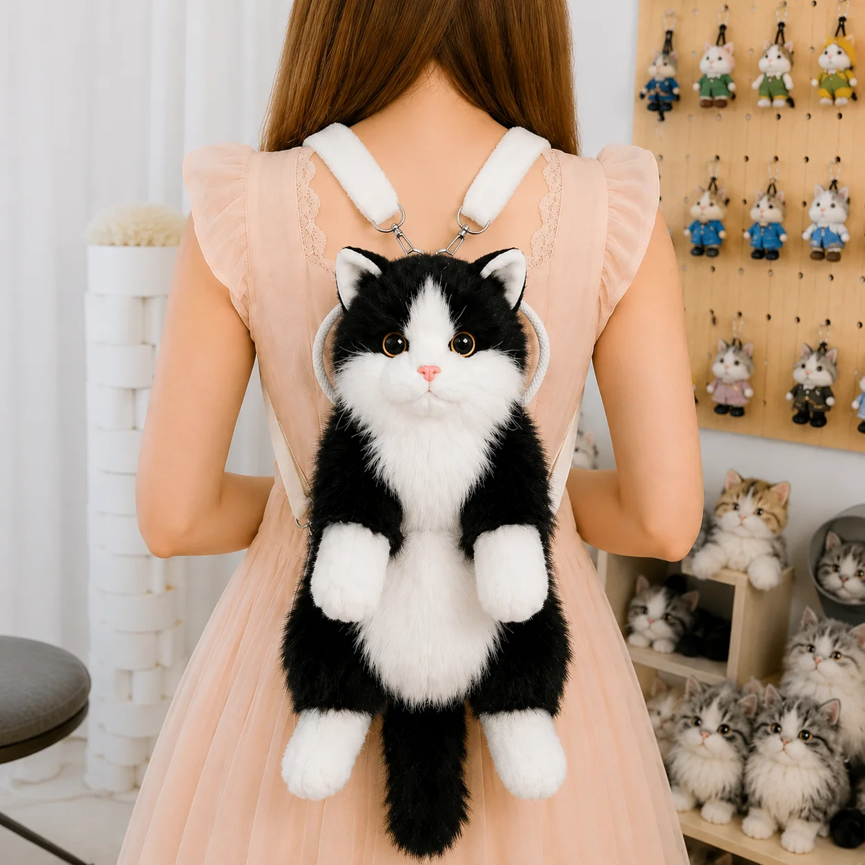 Cute Cat Plush Backpack for Girls, 14 Inch Kawaii Animal Bag, Soft Kitty Shoulder Bag for Everyday Outfits & Gifts