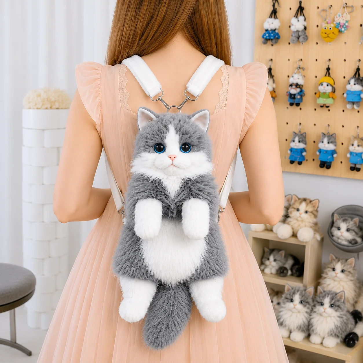 Cute Cat Plush Backpack for Girls, 14 Inch Kawaii Animal Bag, Soft Kitty Shoulder Bag for Everyday Outfits & Gifts