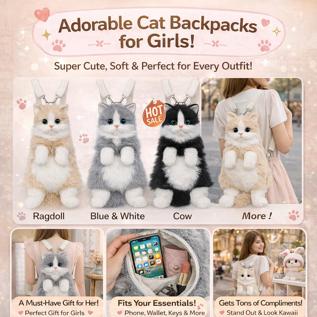 Cute Cat Plush Backpack for Girls, 14 Inch Kawaii Animal Bag, Soft Kitty Shoulder Bag for Everyday Outfits & Gifts