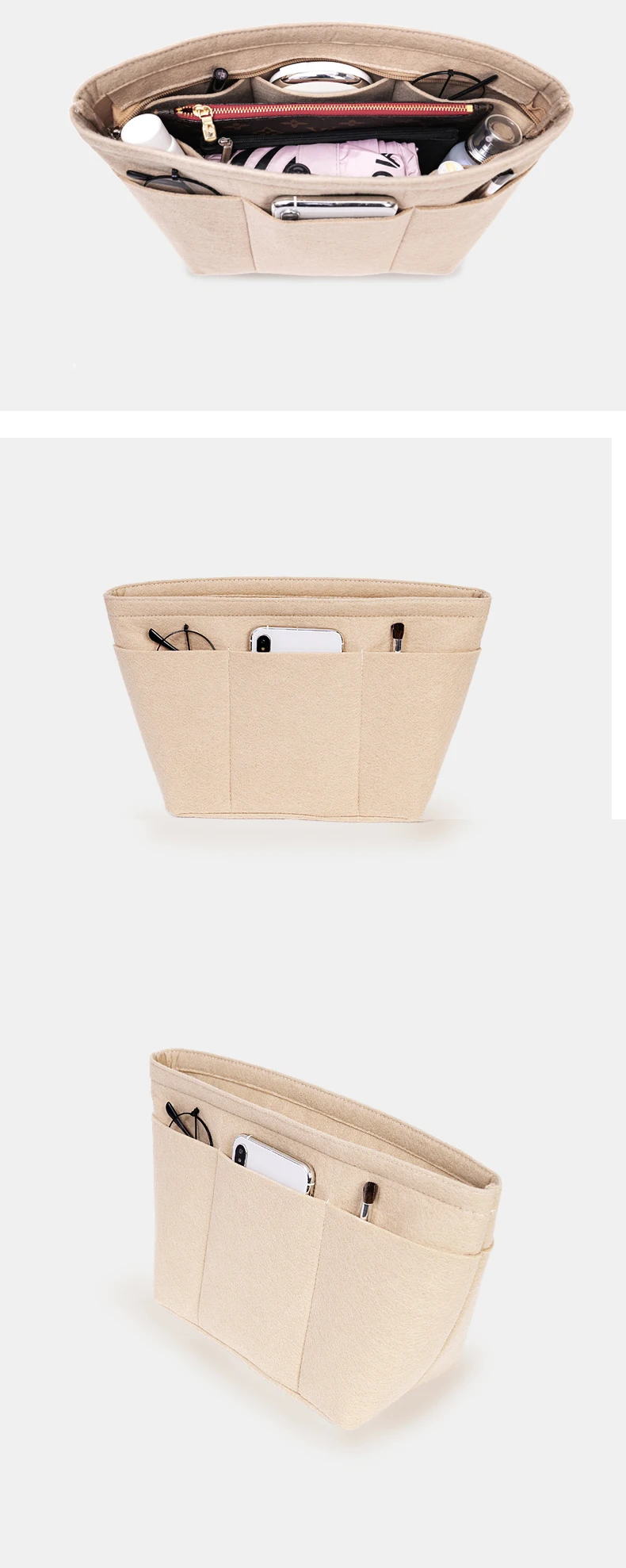 Used For Neverfull Shopping Bag Insert Organizer,PM MM GM Storage Bag Top Zipper 12 Pockets,tote Bag Inner Pouch Liner