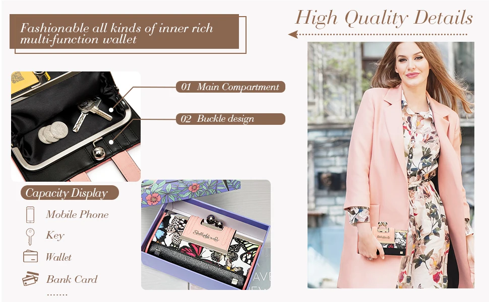 Chic Women’s Long Wallet with Vivid butterfly Floral Print, Durable PU Leather, Gold Kiss-Lock, Multiple Card Slots, Bill Sectio